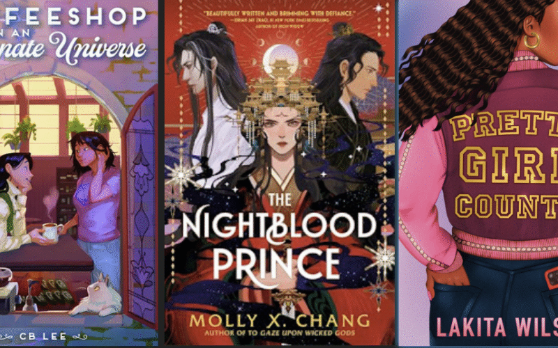 Three book covers. Coffeeshop at the End of the Universe, The Nightblood Prince, and Pretty Girl County.